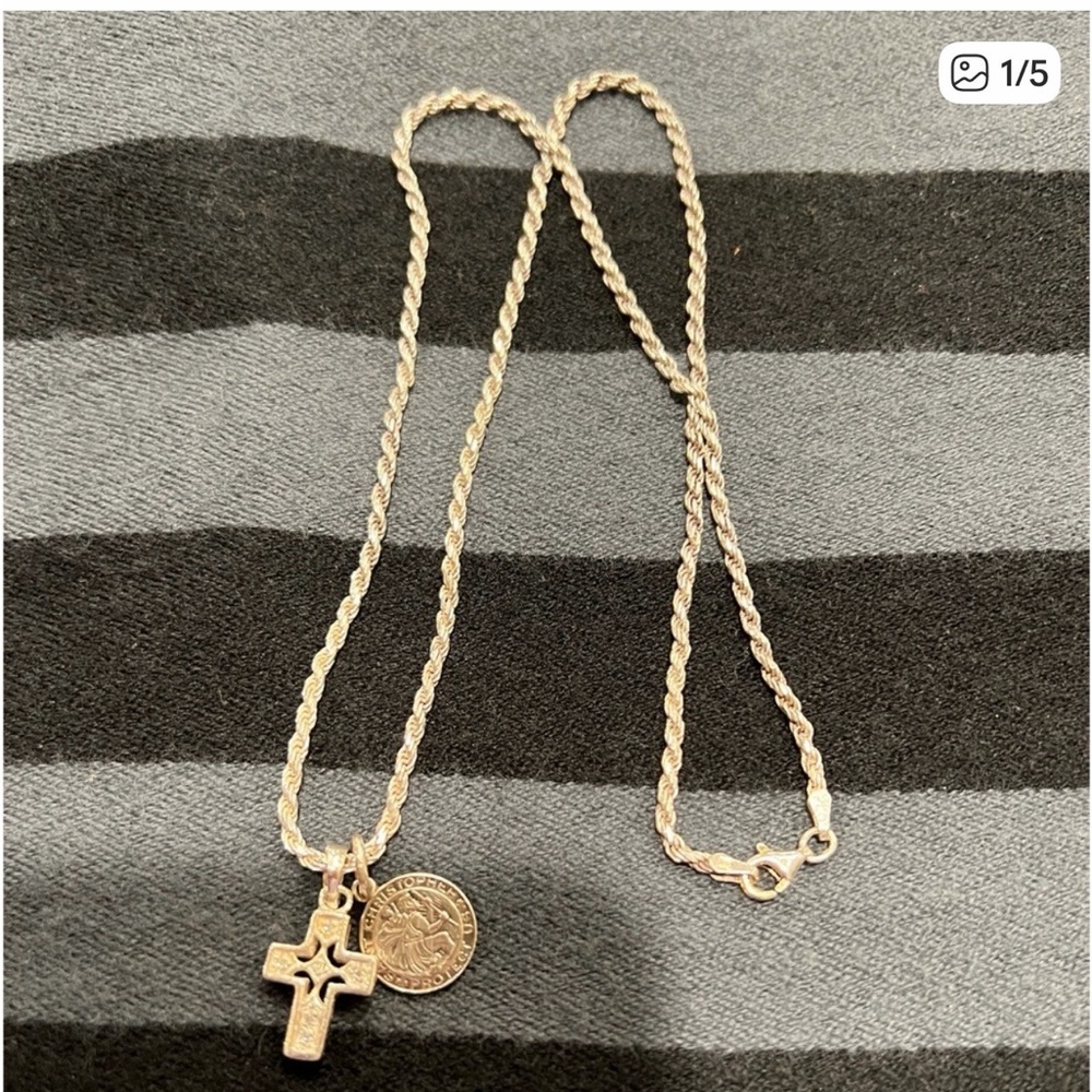 Sterling silverRope Chain Necklace with diamond Cross and St Christoper.